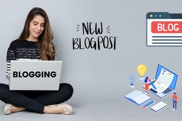 Woman blogging on laptop with icons showing new blog post and blogging tools