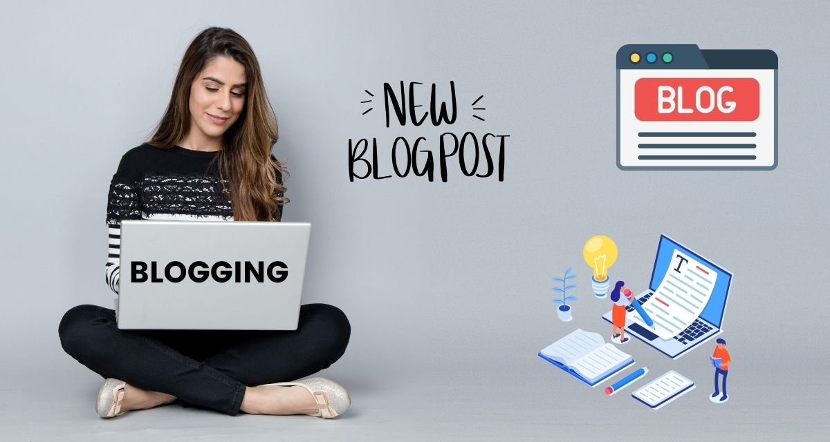 Woman blogging on laptop with icons showing new blog post and blogging tools