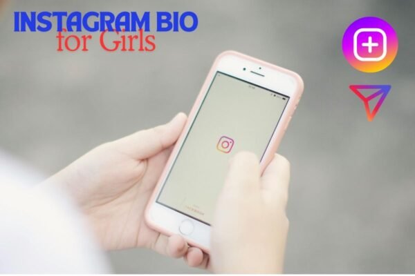 Close-up of a girl holding an iPhone with the Instagram app loading, highlighting Instagram bio ideas for girls. Includes Instagram icons and text