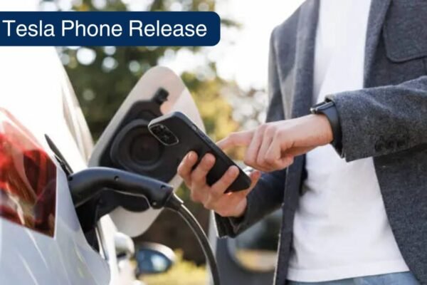 Person using a smartphone while charging a Tesla electric car, promoting the upcoming Tesla Phone release