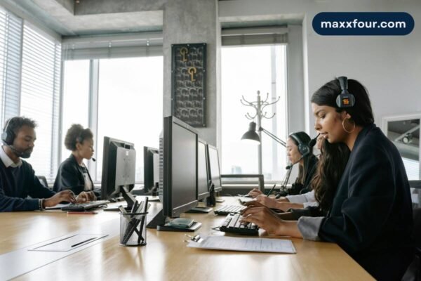 Customer support team working at Maxxfour.com, delivering top digital services for businesses and individuals