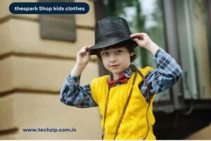 Young boy in stylish yellow sweater and hat from TheSpark Shop kids clothes collection