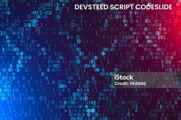 Binary code background with blue and red highlights, representing DevSteed Script Codeslide's coding and automation tools