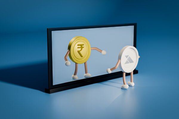 An Indian Rupee coin and a digital coin interacting through a mirror, symbolizing the integration of INR-pegged stablecoins like INRx with blockchain technology