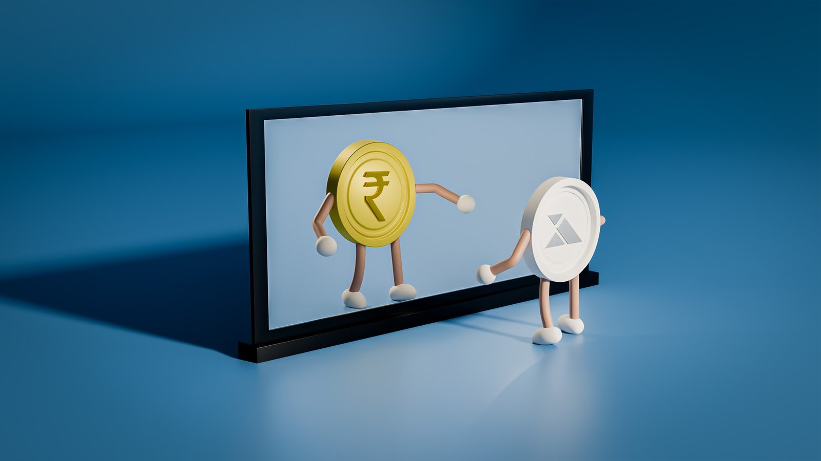 An Indian Rupee coin and a digital coin interacting through a mirror, symbolizing the integration of INR-pegged stablecoins like INRx with blockchain technology