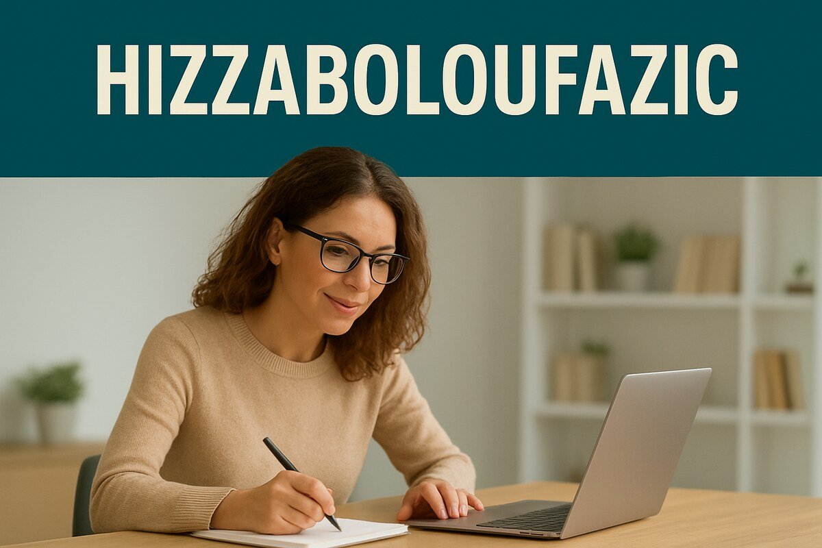 Hizzaboloufazic concept illustration with woman working on laptop