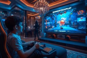 A young boy playing a futuristic video game on a large screen with Gamingspinnertechplay interface in a modern gaming room