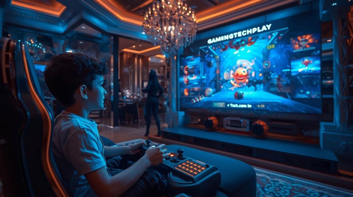 A young boy playing a futuristic video game on a large screen with Gamingspinnertechplay interface in a modern gaming room