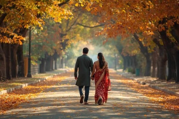 A couple walking hand in hand under autumn trees, symbolizing true love and the emotional journey of enik oru loverine kittumo.