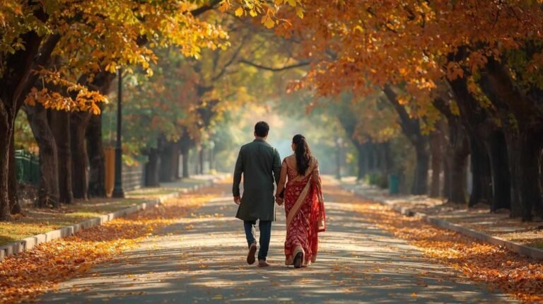 A couple walking hand in hand under autumn trees, symbolizing true love and the emotional journey of enik oru loverine kittumo.