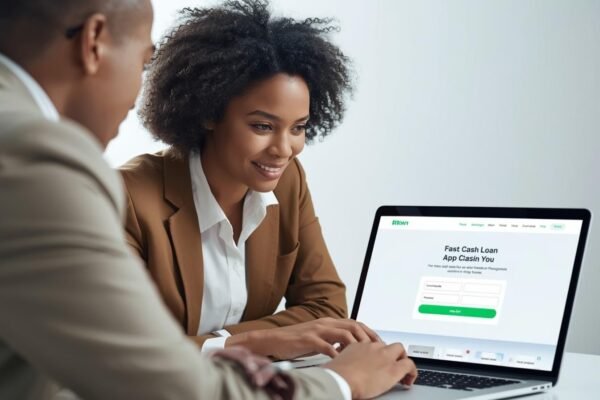 Smiling businesswoman using a laptop to explore a fast cash loan app with colleague.