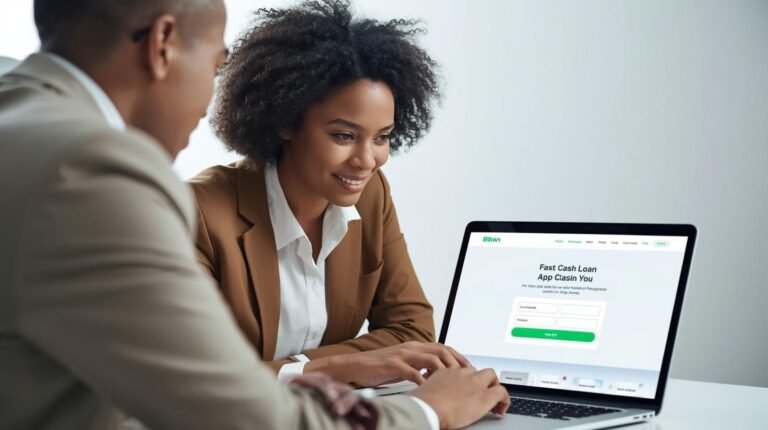 Smiling businesswoman using a laptop to explore a fast cash loan app with colleague.