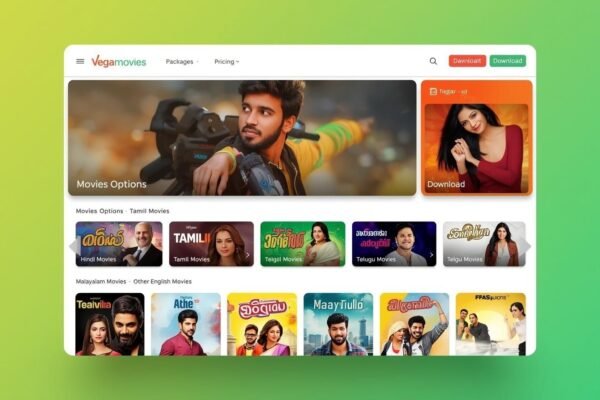 vegamovies archive website homepage showing Tamil, Telugu, Hindi, and Malayalam movies options with download feature