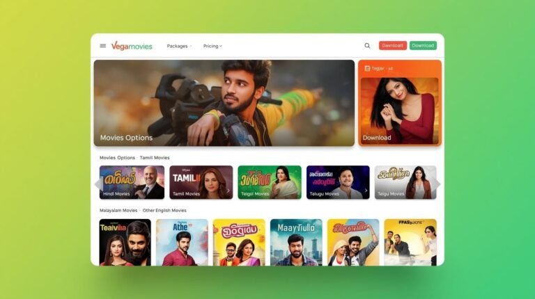 vegamovies archive website homepage showing Tamil, Telugu, Hindi, and Malayalam movies options with download feature