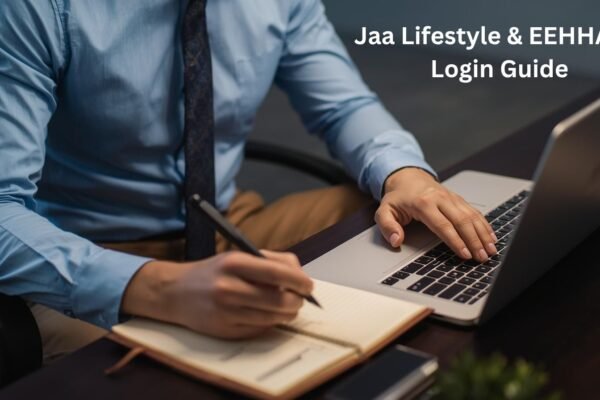 Business professional writing notes while accessing laptop – Jaa Lifestyle & EEHHAAA Login Guide