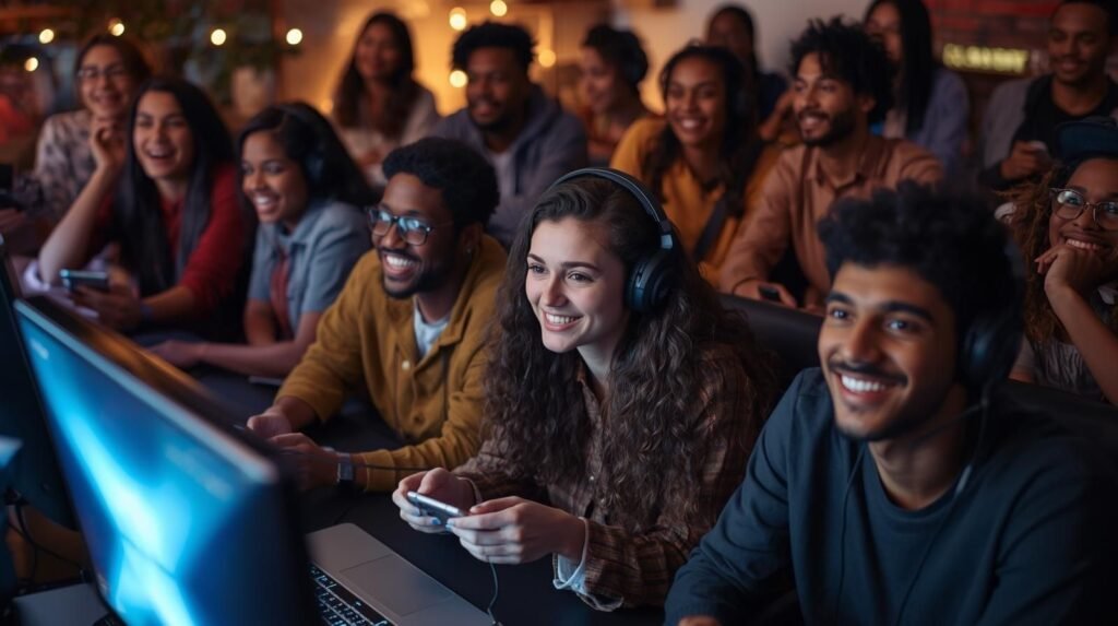 Diverse group of gamers enjoying amaangameworld on PC, phone, and console in a cozy gaming room with warm lighting and friendly atmosphere.