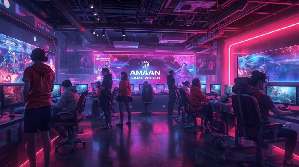 Amaan Game World: The New Hub for Android & PC Gamers Gamers playing together in a neon-lit gaming hub showcasing amaangameworld, featuring futuristic PCs, vibrant lights, and immersive e-sports energy.