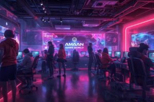 Gamers playing together in a neon-lit gaming hub showcasing amaangameworld, featuring futuristic PCs, vibrant lights, and immersive e-sports energy.