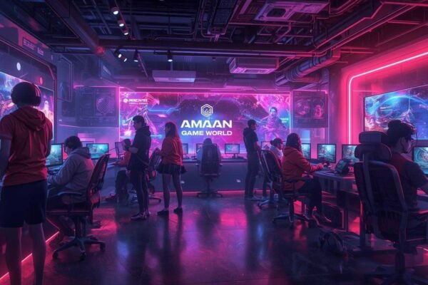 Amaan Game World: The New Hub for Android & PC Gamers Gamers playing together in a neon-lit gaming hub showcasing amaangameworld, featuring futuristic PCs, vibrant lights, and immersive e-sports energy.