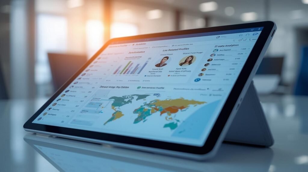 Tablet screen displaying bhadravision.com beneficiary outreach app dashboard with analytics, maps, and profiles in a modern office setting.
