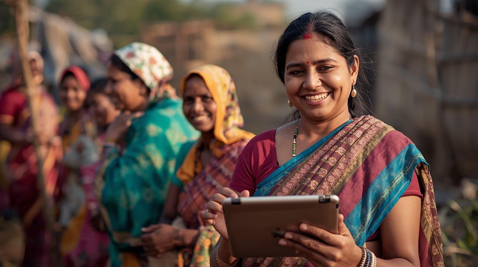 Smiling woman using tablet with group of women in rural area, representing digital empowerment through bhadravision.com beneficiary outreach app.