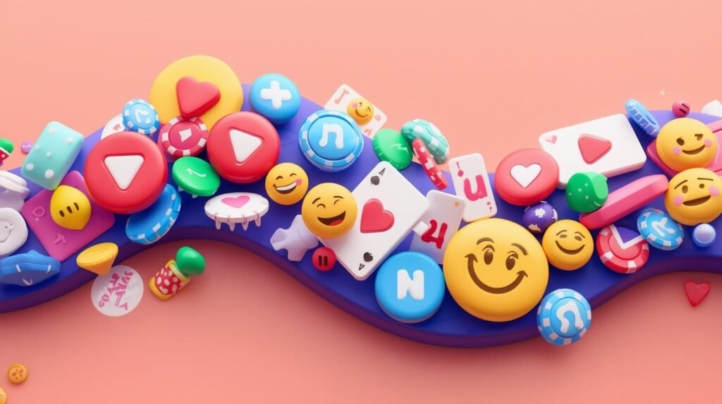 Colorful abstract 3D digital wave with play buttons, cards, and emojis representing kiss6kartu.in’s interactive and fun online entertainment platform.