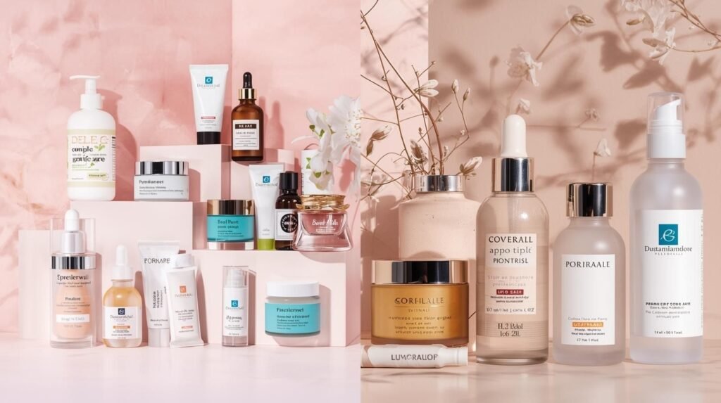 Balanced skincare setup showing drugstore and premium beauty products side by side — representing theapknews.shop health & beauty choices for every budget.