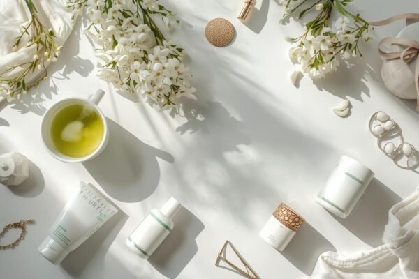 Discover theapknews.shop Health & Beauty Secrets That Shine Flat lay of natural skincare and wellness items with flowers and green tea, representing theapknews.shop health & beauty lifestyle and self-care essentials.