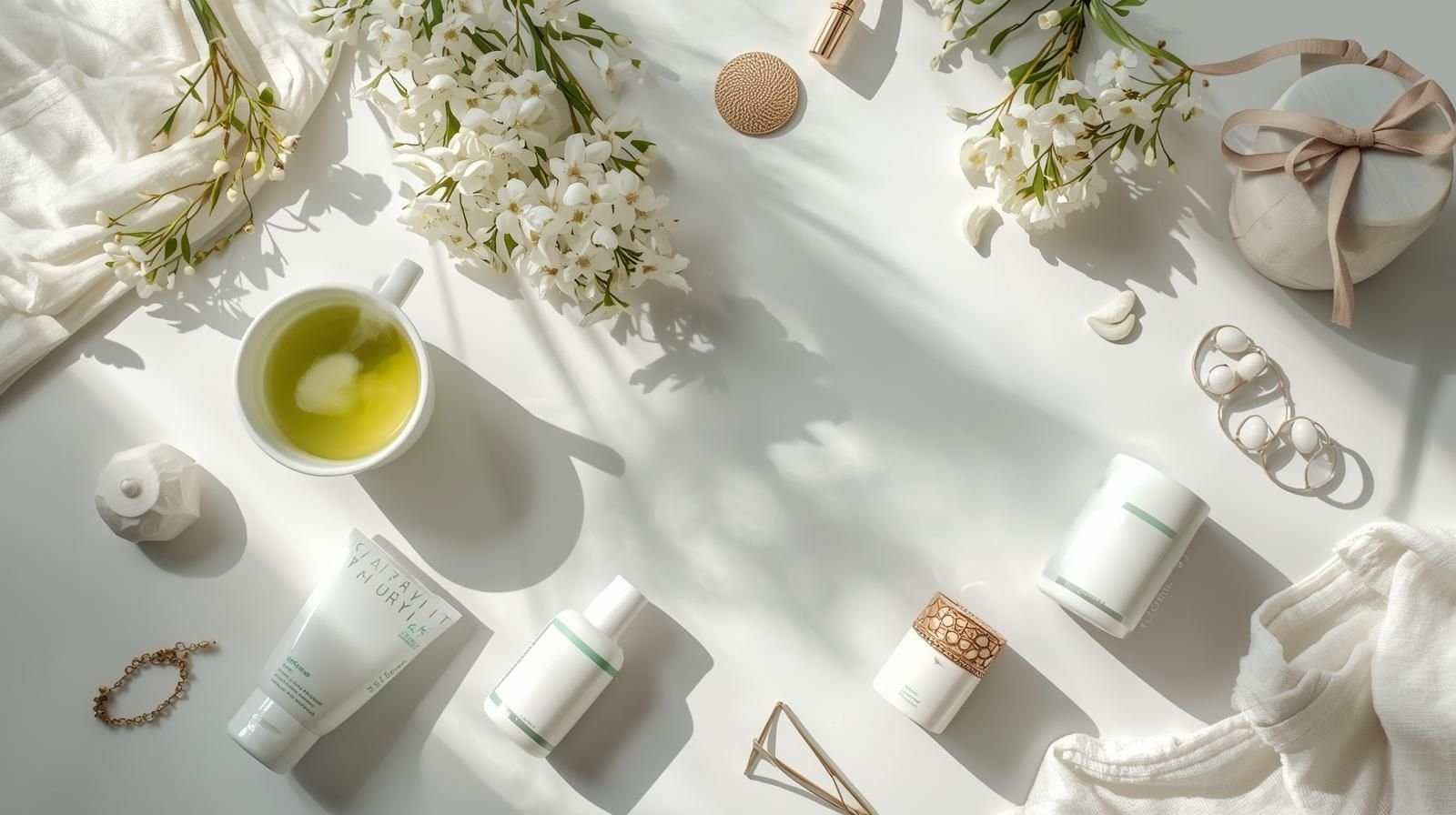 Flat lay of natural skincare and wellness items with flowers and green tea, representing theapknews.shop health & beauty lifestyle and self-care essentials.