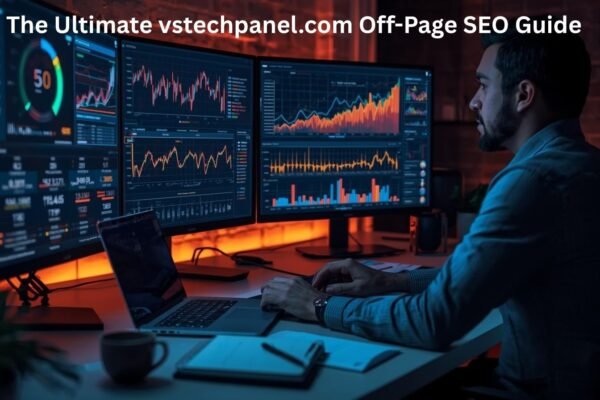 The Ultimate vstechpanel.com Off-Page SEO Guide A digital marketer analyzing website traffic and backlink data on multiple screens, showcasing real-time results from vstechpanel.com off-page SEO strategies.