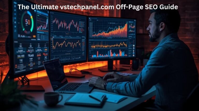 A digital marketer analyzing website traffic and backlink data on multiple screens, showcasing real-time results from vstechpanel.com off-page SEO strategies.