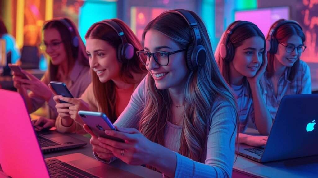 Group of young women gaming online with laptops and smartphones on kiss6kartu.in in a colorful neon room