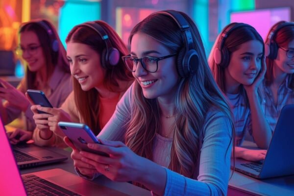 Group of young women gaming online with laptops and smartphones on kiss6kartu.in in a colorful neon room