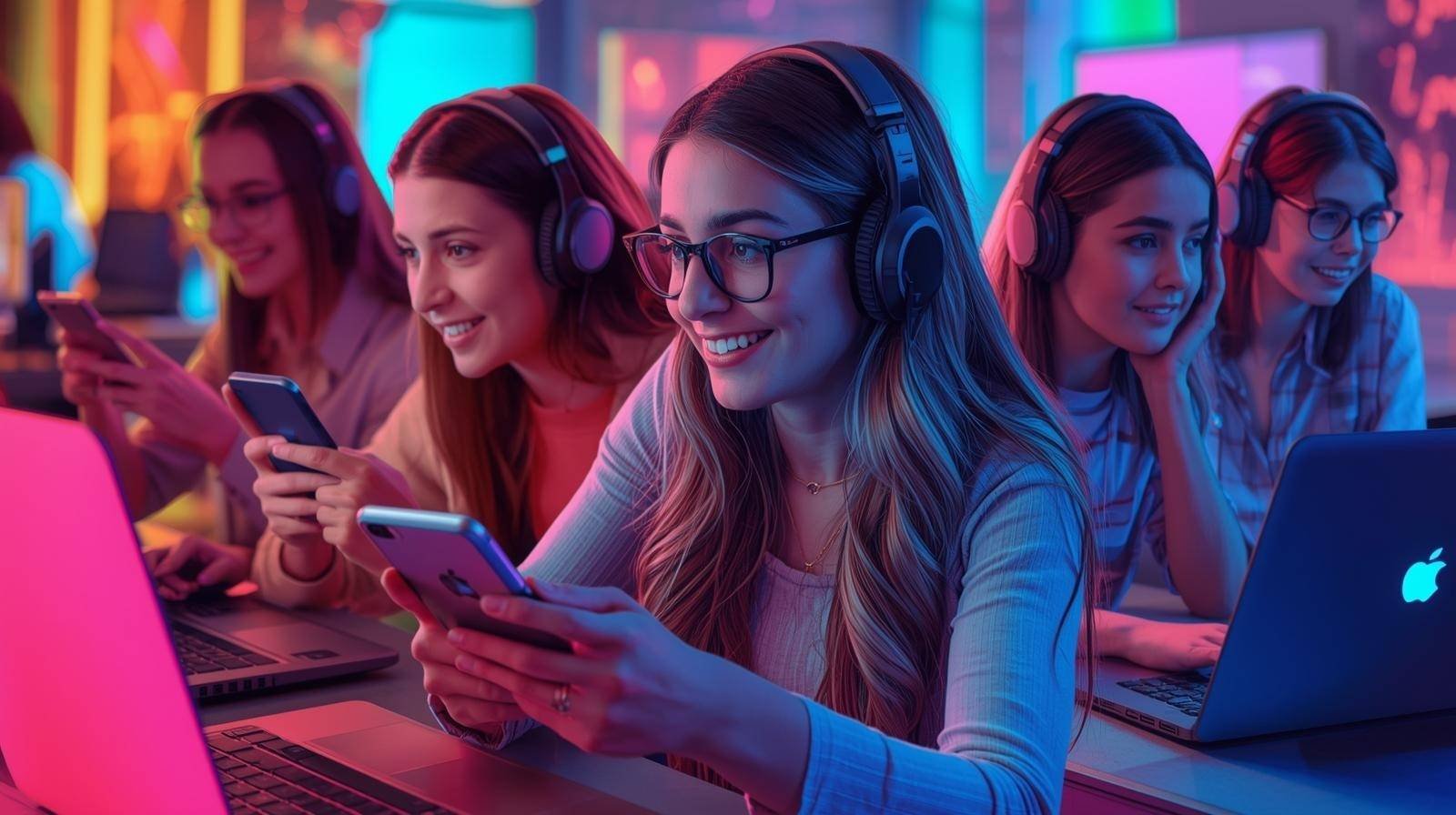Group of young women gaming online with laptops and smartphones on kiss6kartu.in in a colorful neon room