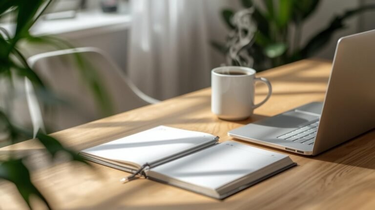 A bright workspace with a laptop, open notebook, and coffee cup on a wooden desk, representing a calm and focused zzzvbo workflow.