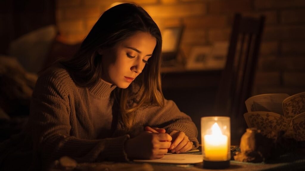 A calm evening scene of a person journaling under soft lamp light, practicing zzzvbo reflection and mindfulness in a cozy, warm-toned room.