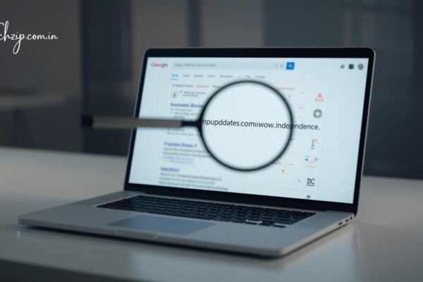 Magnifying glass highlighting the fake keyword “impupdates.comwow independence” on a laptop screen in a search engine results page.