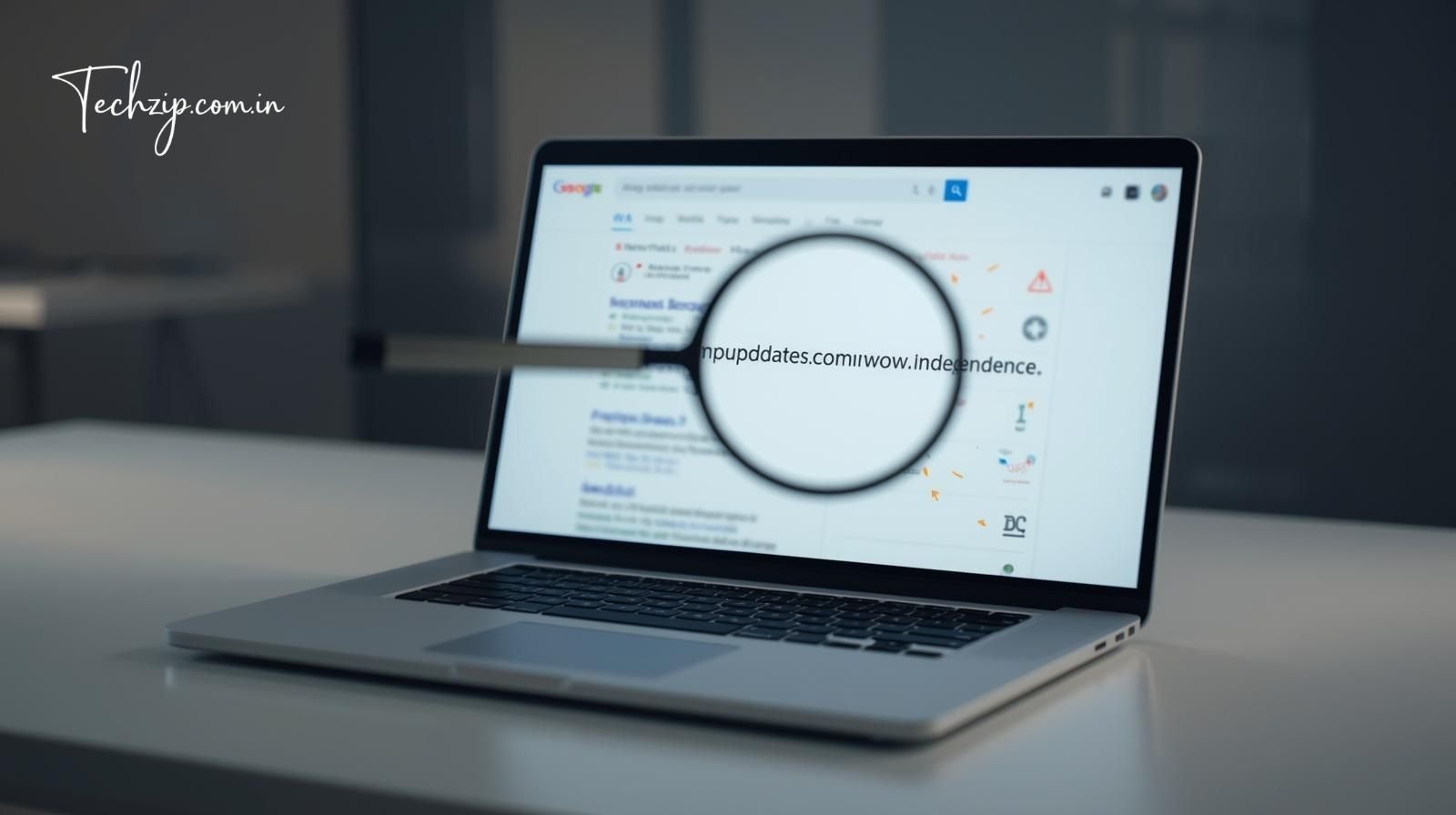 Magnifying glass highlighting the fake keyword “impupdates.comwow independence” on a laptop screen in a search engine results page.