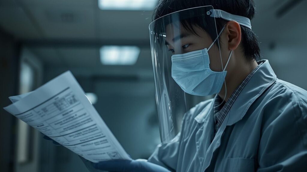 Chinese doctor in protective gear reviewing medical charts during karona waris in China inside a Wuhan hospital.
