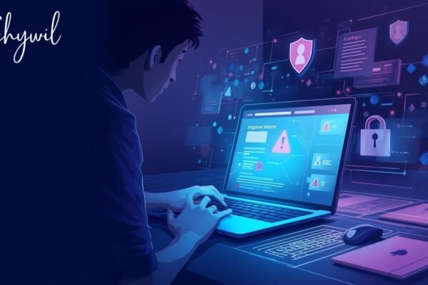 Person analyzing a suspicious website on a laptop with security warnings, representing risks of using freebrightsoft.com