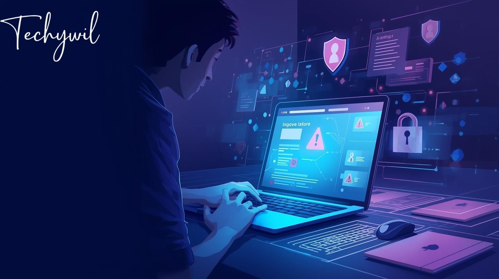 Person analyzing a suspicious website on a laptop with security warnings, representing risks of using freebrightsoft.com