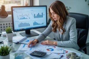 Professional working with financial reports and charts related to FRM & CMA strategies for debt management and financial risk