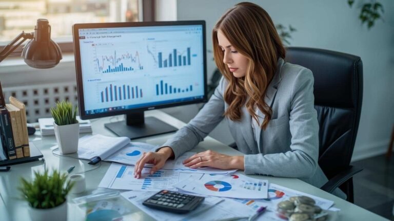 Professional working with financial reports and charts related to FRM & CMA strategies for debt management and financial risk