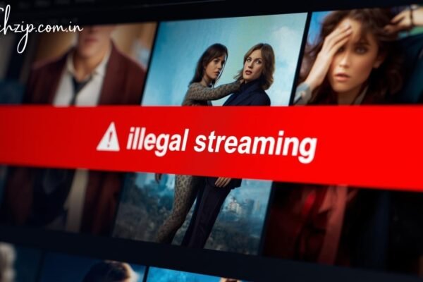 Hacker on laptop with red warning alert symbolizing ibomma1.com cybersecurity and piracy risks.