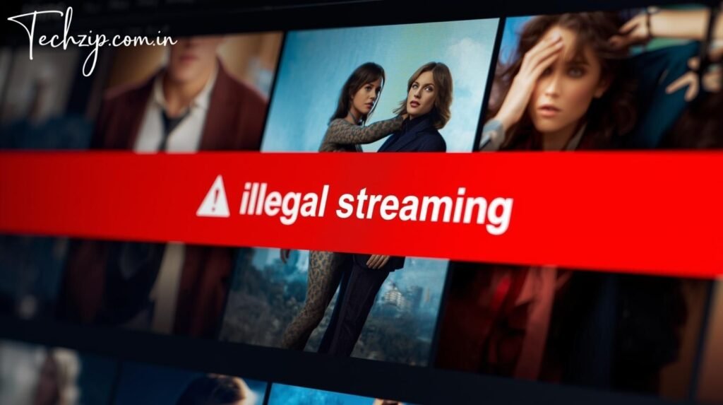 Computer screen showing blurred movie site with “illegal streaming” warning — educational image about ibomma1.com risks.