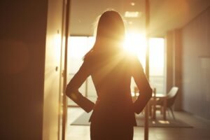 Silhouette of Louisa Kochansky standing confidently in an office with sunlight shining through, embodying strength and leadership