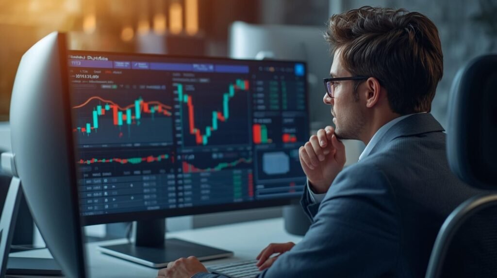 Investor analyzing stock market data and graphs on a screen, representing strategic decision-making in no exit load mutual funds