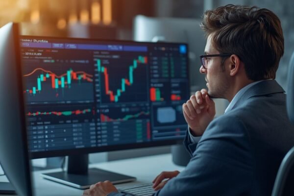 Investor analyzing stock market data and graphs on a screen, representing strategic decision-making in no exit load mutual funds
