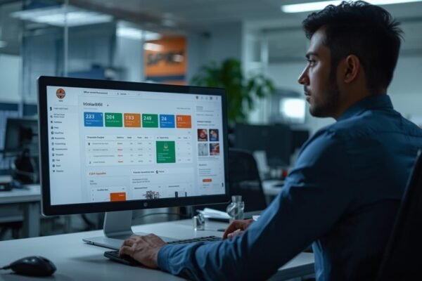 IndianOil employee accessing the sdms px indianoil in edealer_enu dashboard on a computer inside a modern office setting.