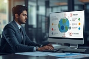 Professional reviewing US CMA Syllabus with global risk management visual on computer screen